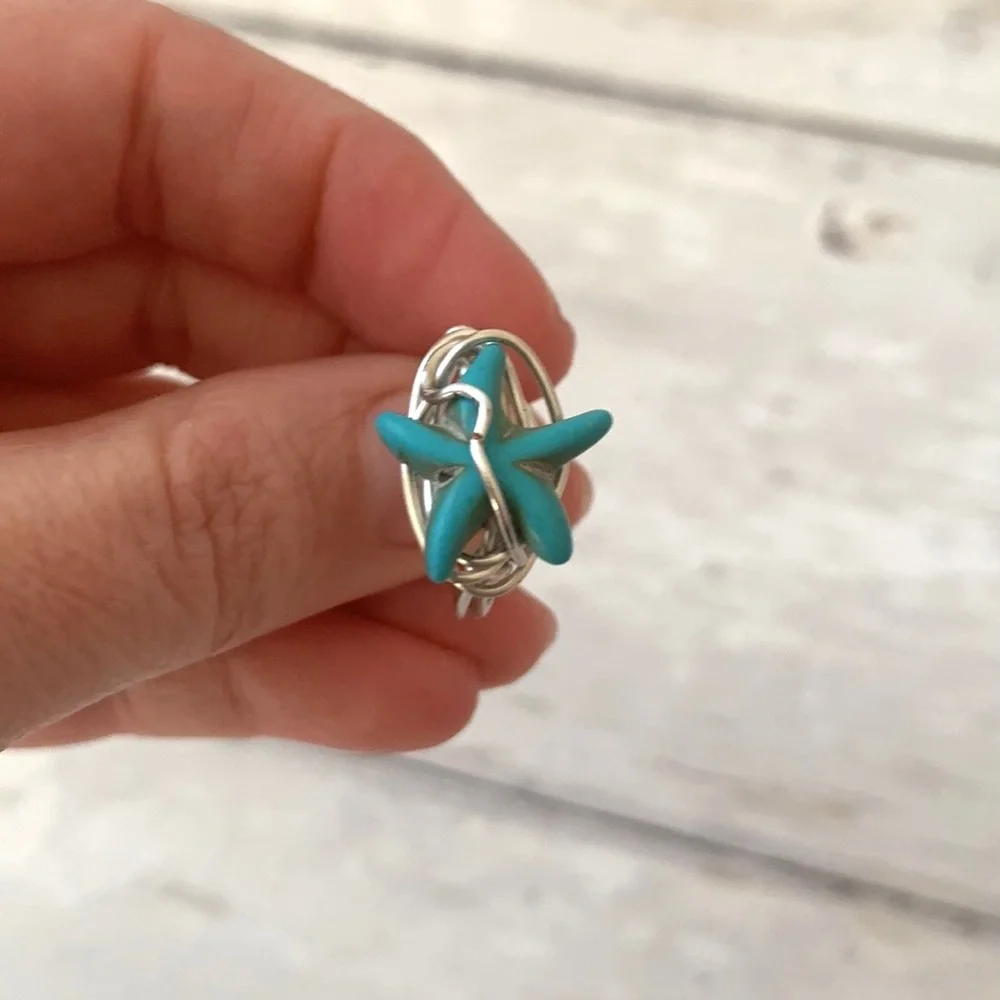 Turquoise Star Stone Ring Women’s Jewelry Teal Blue Silver Band Size 6